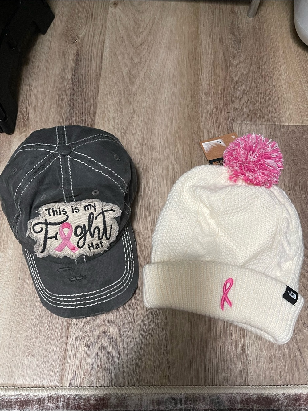 Bundle CANCER hats/North Face White Pom Beanie with Pink Ribbon & Gray Fight Hat